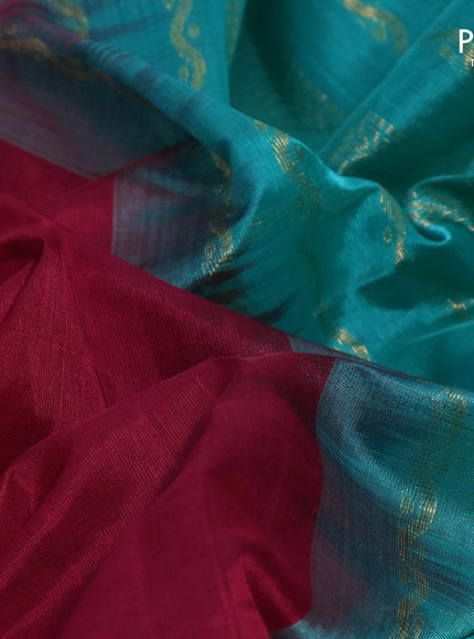 Kuppadam silk cotton saree kumkum red and teal blue with plain body and zari woven border