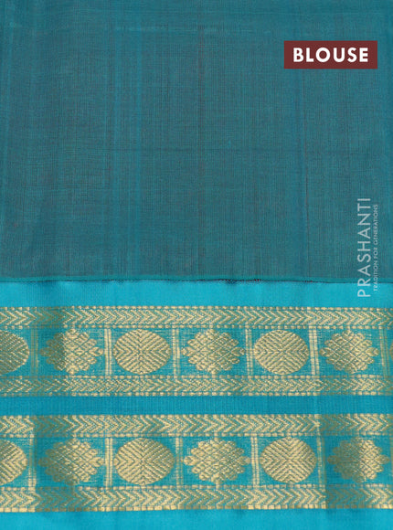 Kuppadam silk cotton saree kumkum red and teal blue with plain body and zari woven border