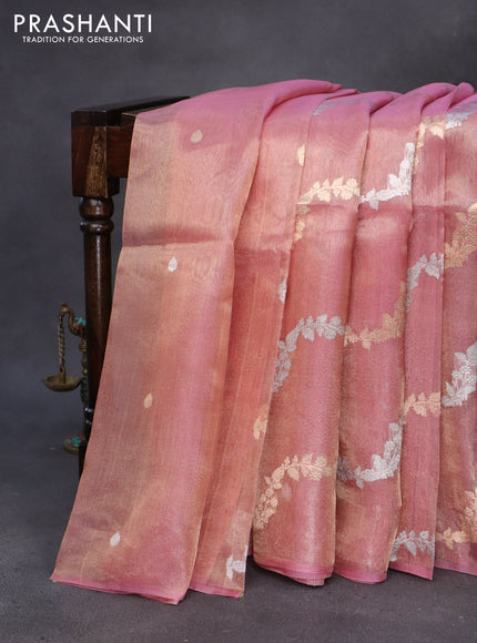 Banarasi tissue silk saree peach pink with allover silver & gold zari weaves in borderless style