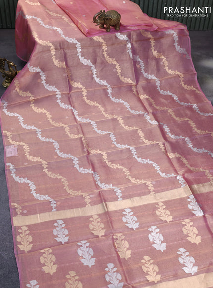 Banarasi tissue silk saree peach pink with allover silver & gold zari weaves in borderless style