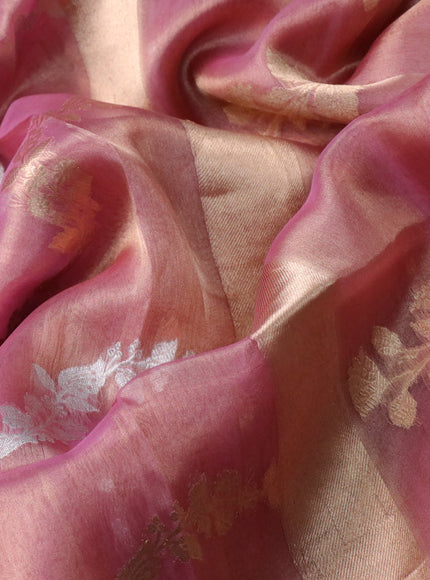 Banarasi tissue silk saree peach pink with allover silver & gold zari weaves in borderless style