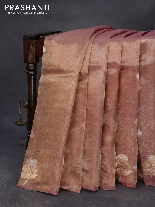 Banarasi tissue silk saree peach pink with silver & gold zari woven buttas and zari woven floral butta border