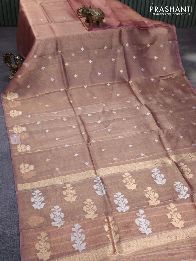 Banarasi tissue silk saree peach pink with silver & gold zari woven buttas and zari woven floral butta border