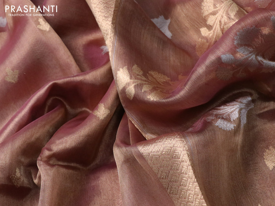 Banarasi tissue silk saree peach pink with silver & gold zari woven buttas and zari woven floral butta border