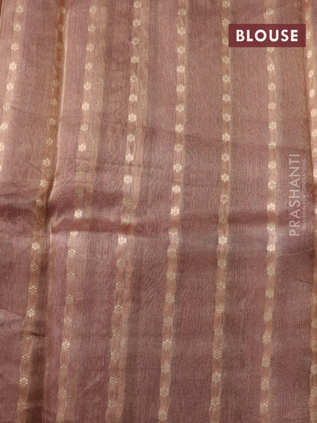 Banarasi tissue silk saree peach pink with silver & gold zari woven buttas and zari woven floral butta border