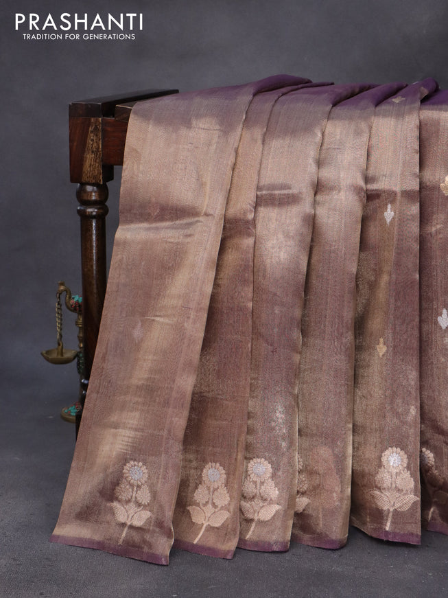 Banarasi tissue silk saree dual shade of violet with silver & gold zari woven buttas and zari woven floral butta border