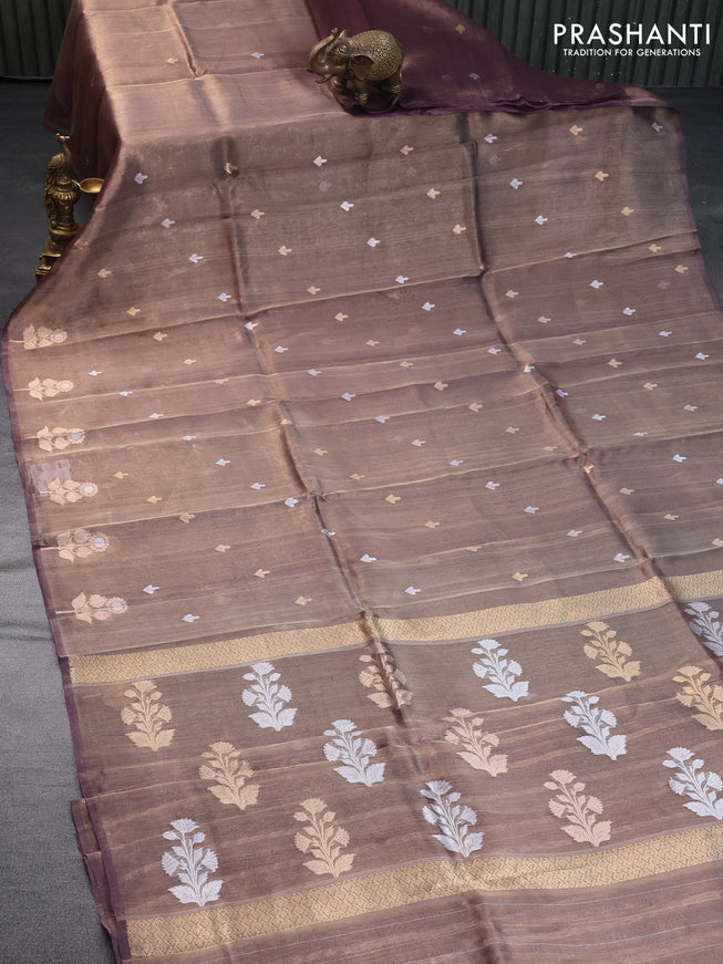 Banarasi tissue silk saree dual shade of violet with silver & gold zari woven buttas and zari woven floral butta border