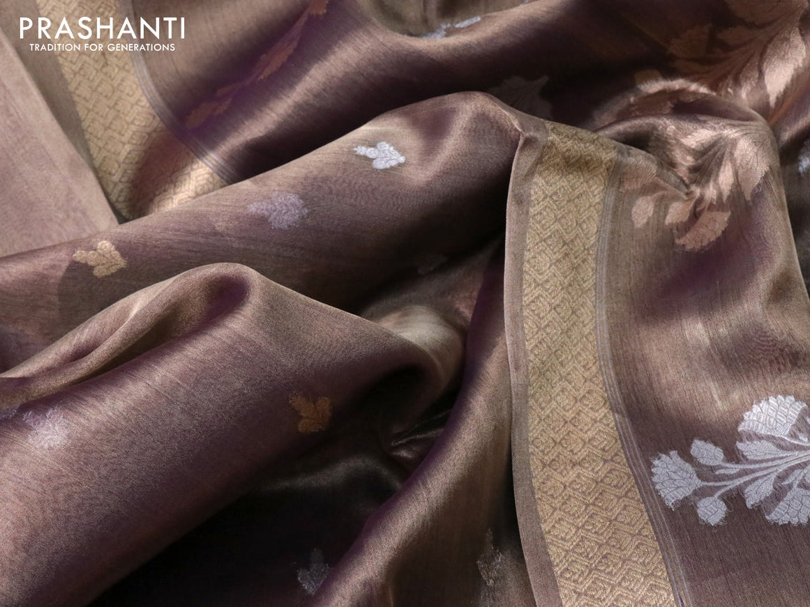 Banarasi tissue silk saree dual shade of violet with silver & gold zari woven buttas and zari woven floral butta border