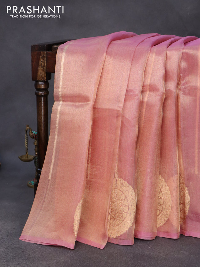 Banarasi tissue silk saree pink shade with allover zari weaves and zari woven butta border