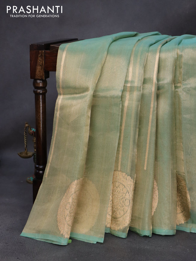 Banarasi tissue silk saree teal green shade with allover zari weaves and zari woven butta border