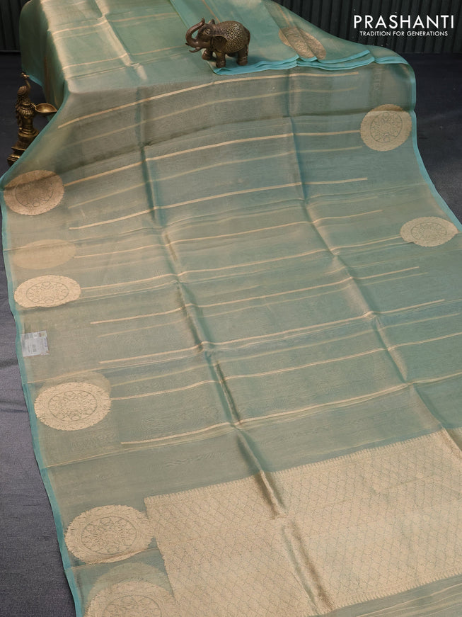 Banarasi tissue silk saree teal green shade with allover zari weaves and zari woven butta border