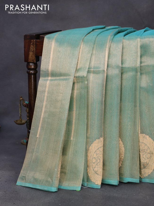 Banarasi tissue silk saree teal blue with allover zari weaves and zari woven butta border