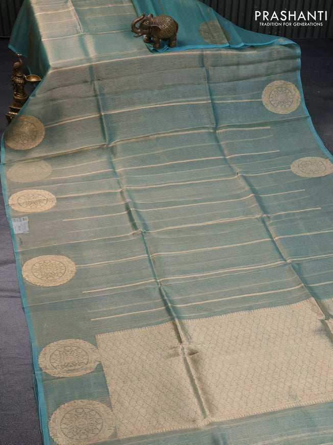 Banarasi tissue silk saree teal blue with allover zari weaves and zari woven butta border