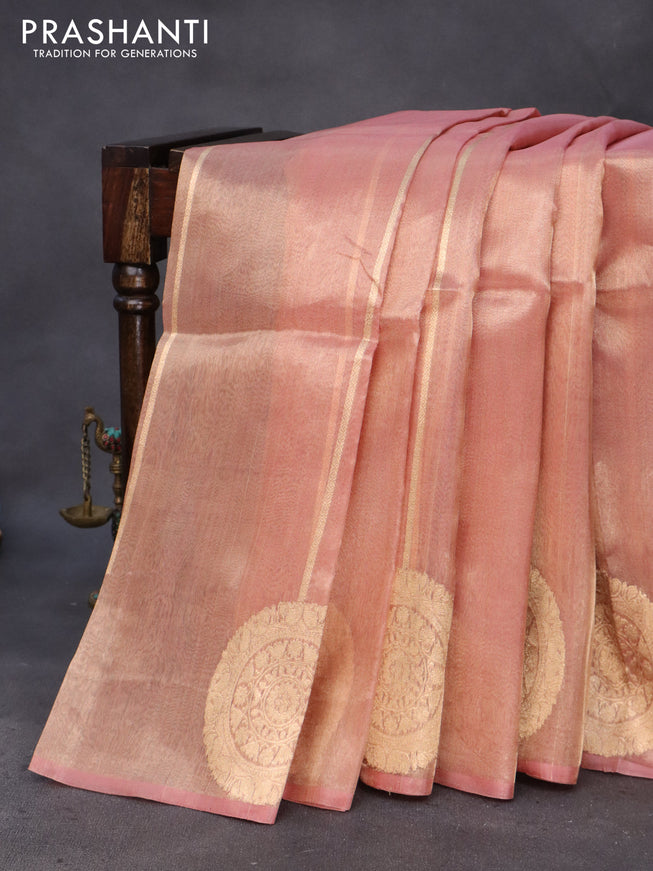 Banarasi tissue silk saree peach pink with allover zari weaves and zari woven butta border