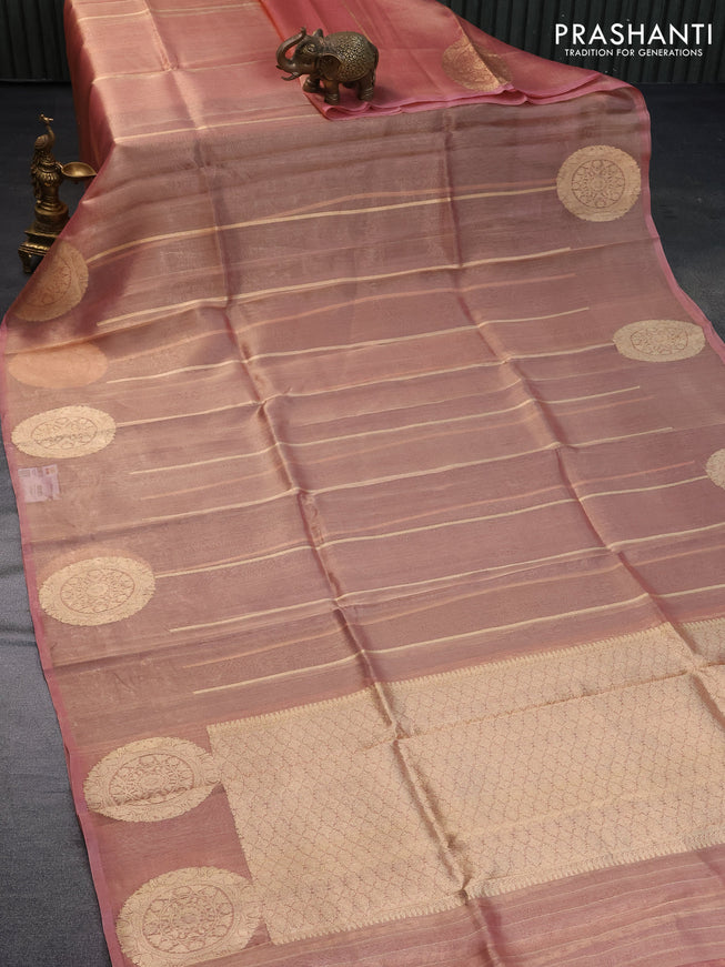 Banarasi tissue silk saree peach pink with allover zari weaves and zari woven butta border