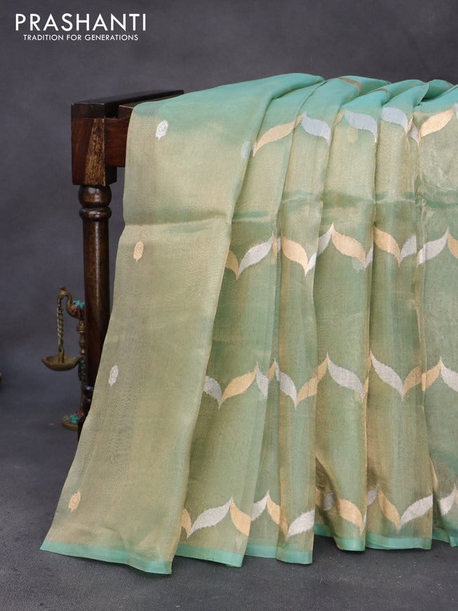 Banarasi tissue silk saree teal green shade with silver & gold zari weaves in borderless style