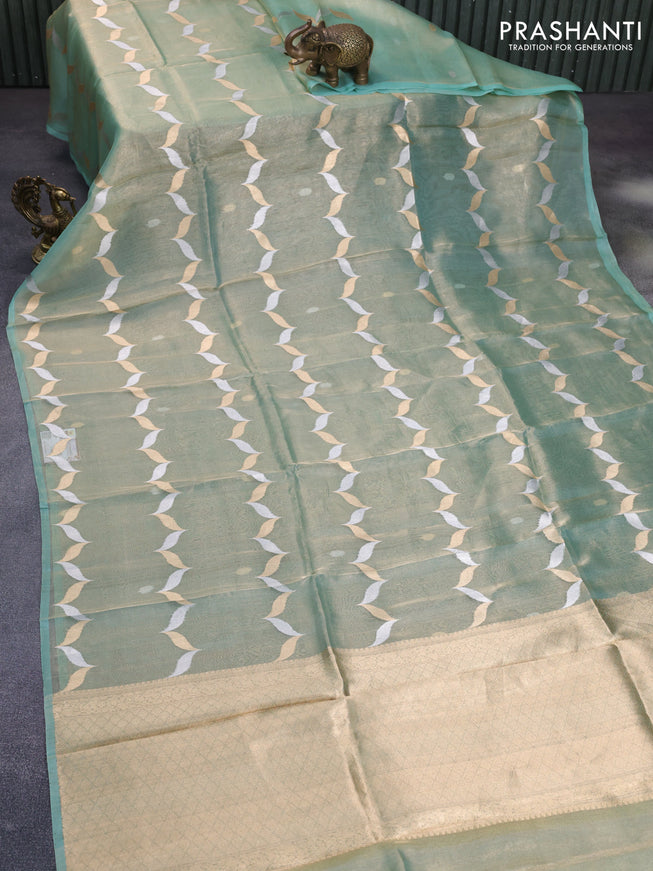 Banarasi tissue silk saree teal green shade with silver & gold zari weaves in borderless style