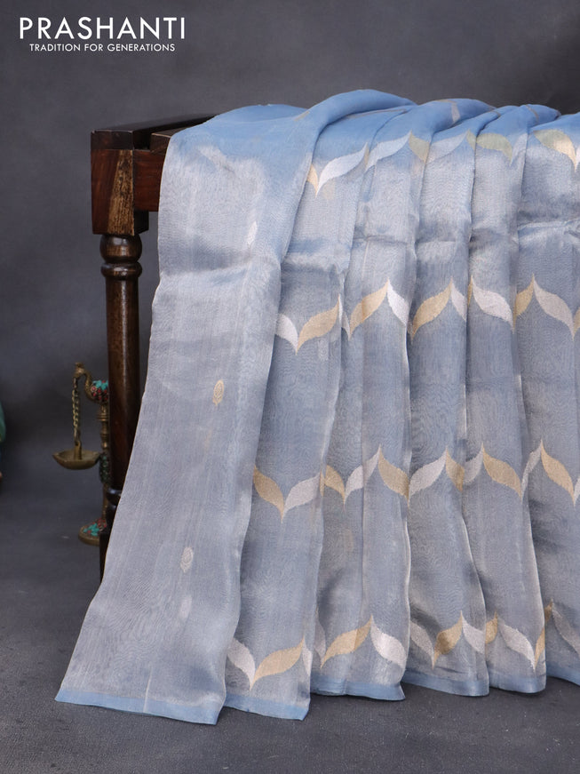 Banarasi tissue silk saree pastel blue shade with silver & gold zari weaves in borderless style