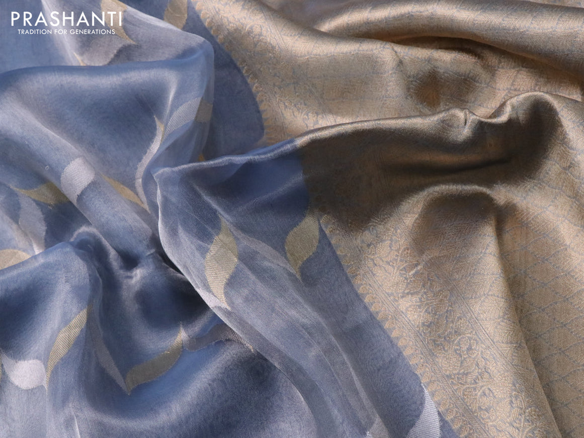 Banarasi tissue silk saree pastel blue shade with silver & gold zari weaves in borderless style