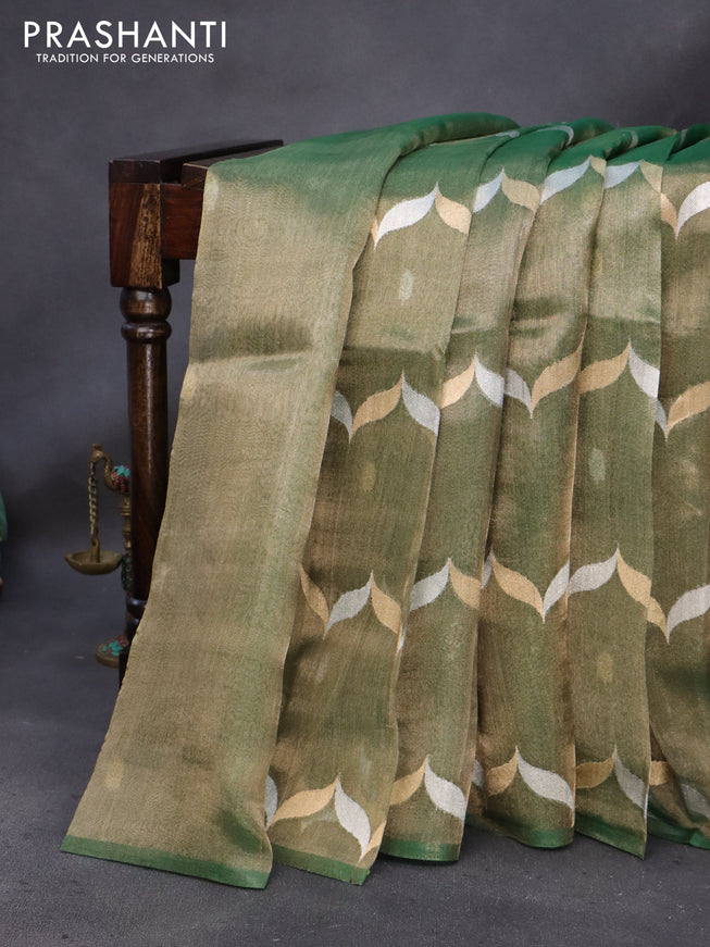 Banarasi tissue silk saree green with silver & gold zari weaves in borderless style