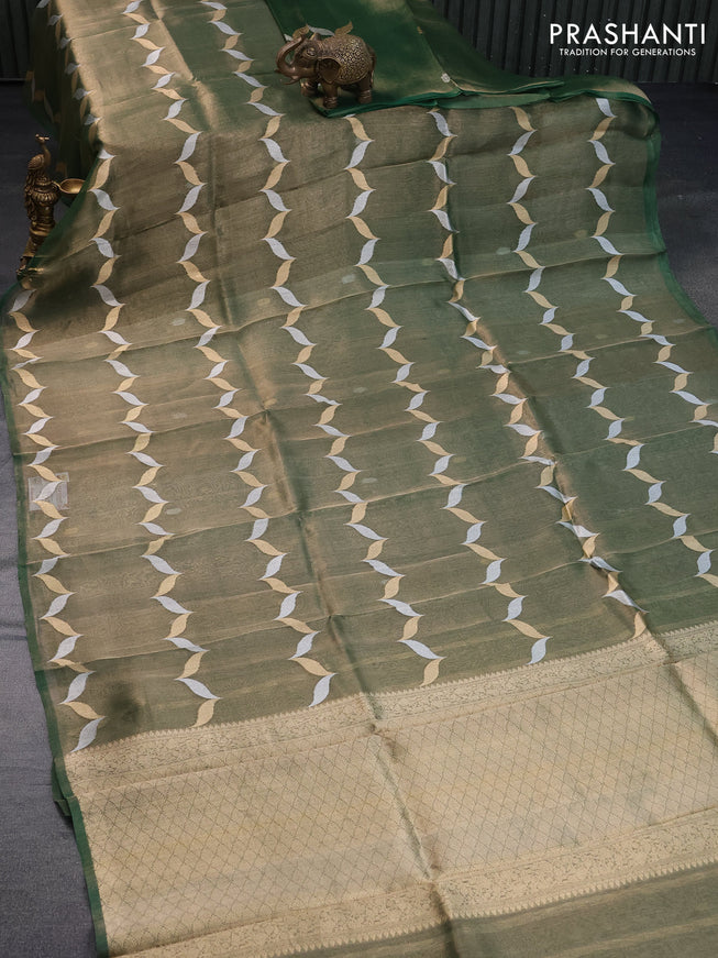 Banarasi tissue silk saree green with silver & gold zari weaves in borderless style