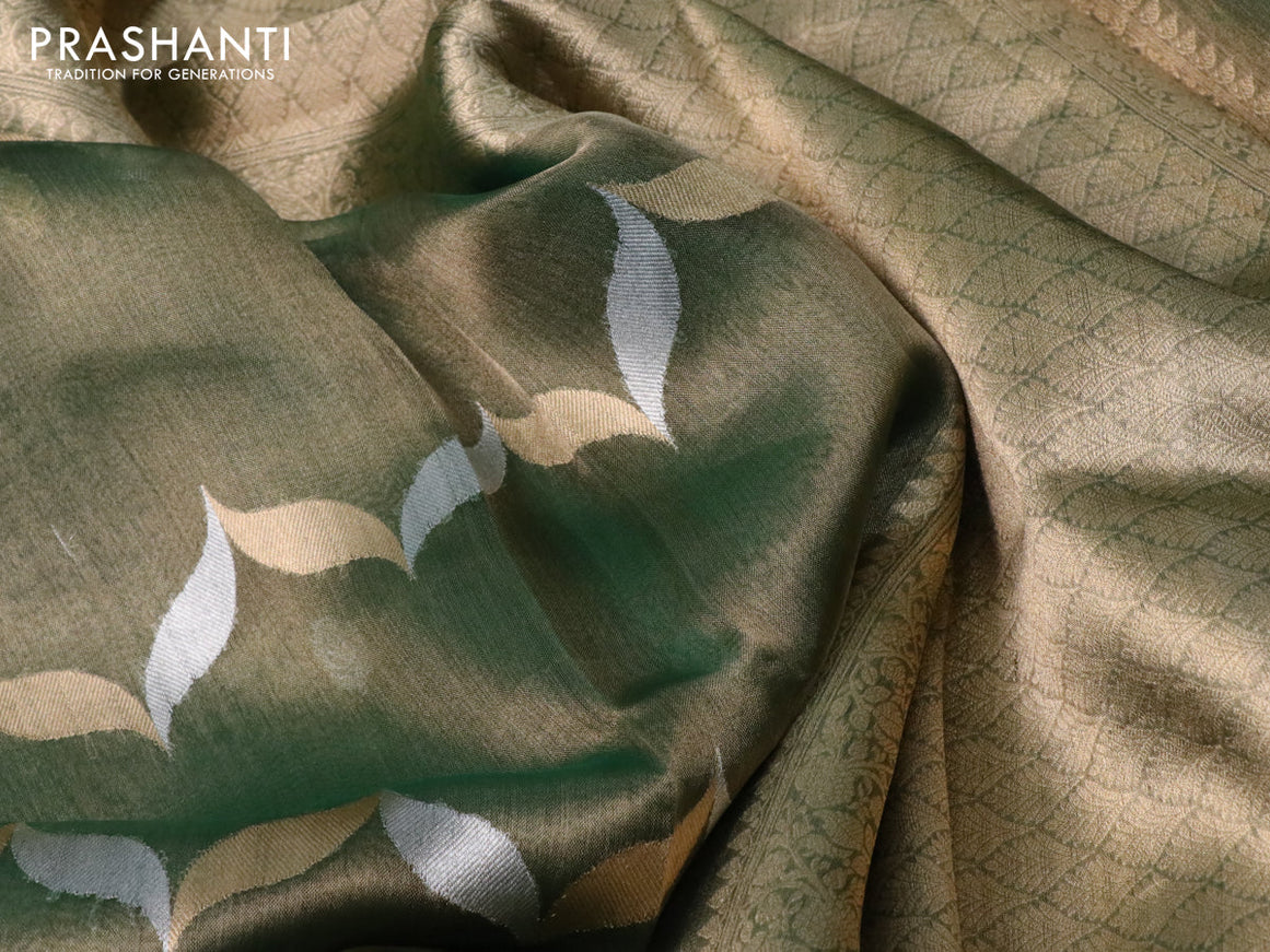 Banarasi tissue silk saree green with silver & gold zari weaves in borderless style