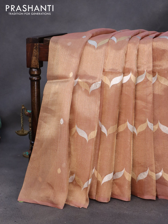 Banarasi tissue silk saree gold and peach shade with silver & gold zari weaves in borderless style