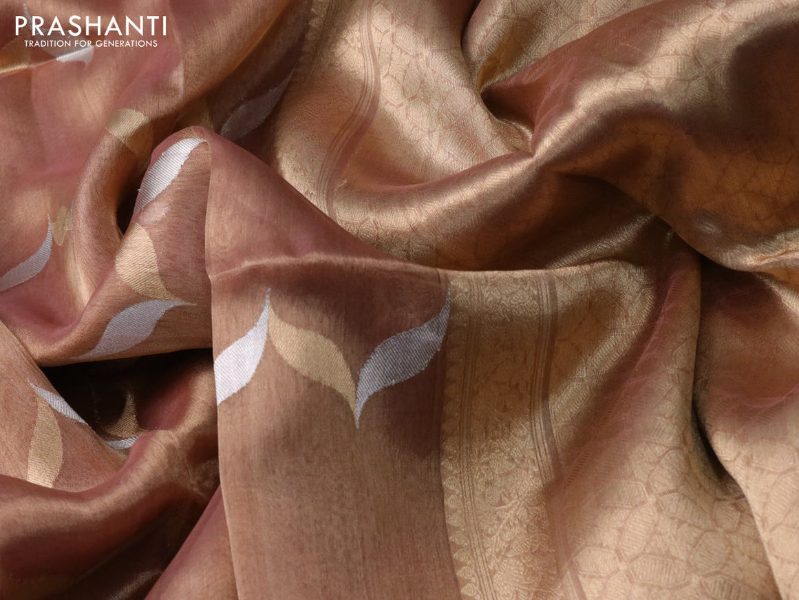 Banarasi tissue silk saree gold and peach shade with silver & gold zari weaves in borderless style