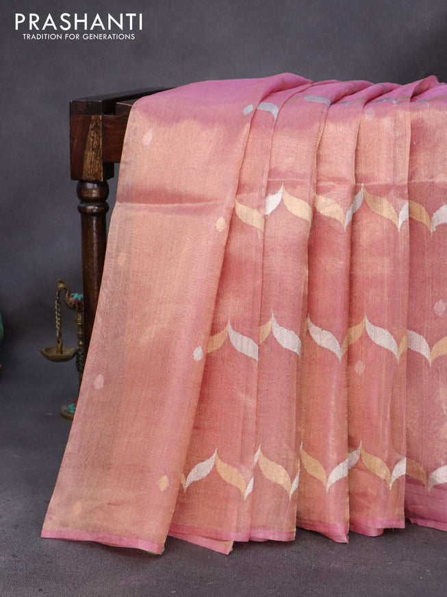 Banarasi tissue silk saree pink shade with silver & gold zari weaves in borderless style