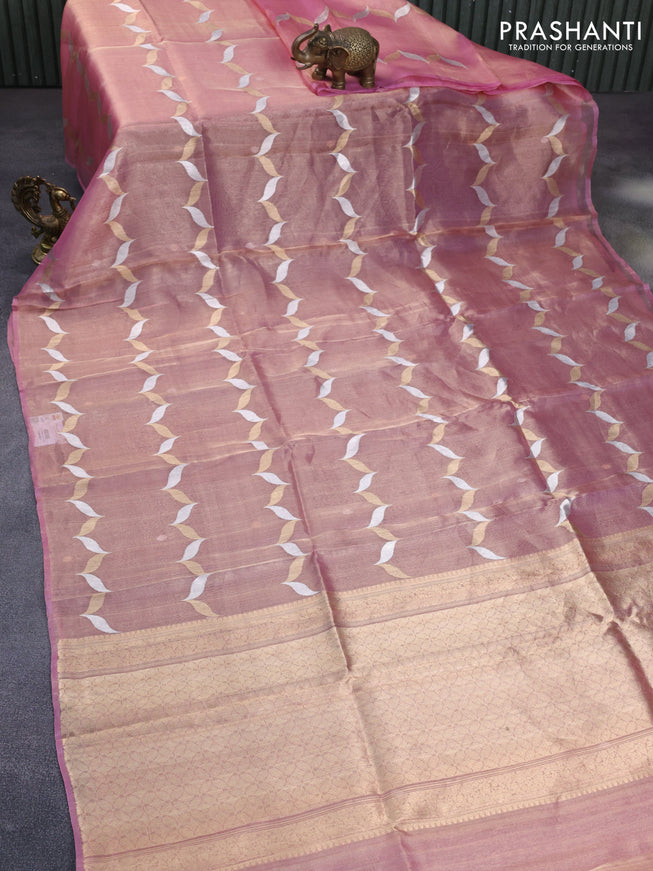 Banarasi tissue silk saree pink shade with silver & gold zari weaves in borderless style