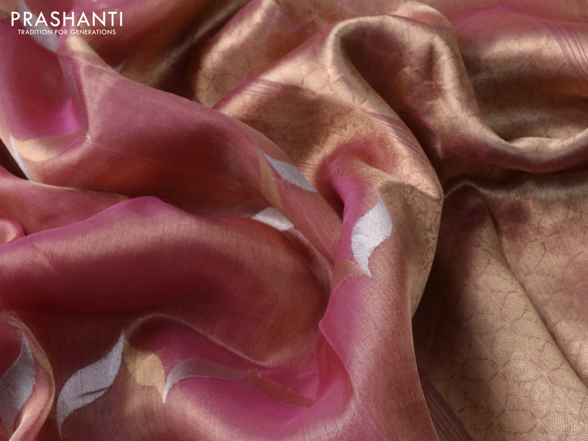 Banarasi tissue silk saree pink shade with silver & gold zari weaves in borderless style