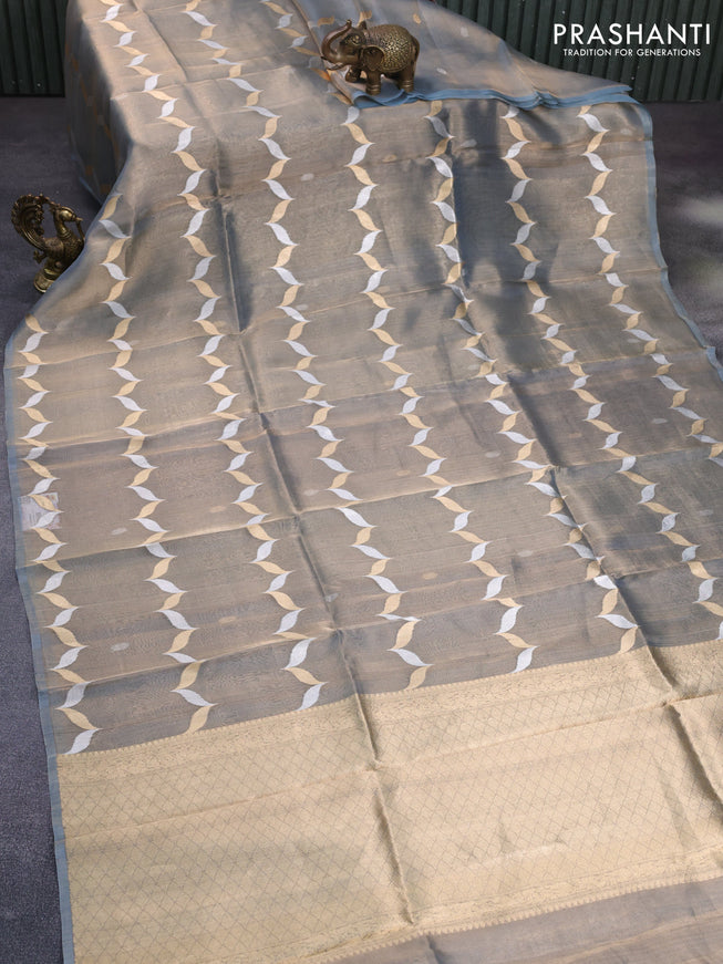 Banarasi tissue silk saree pastel blue with silver & gold zari weaves in borderless style