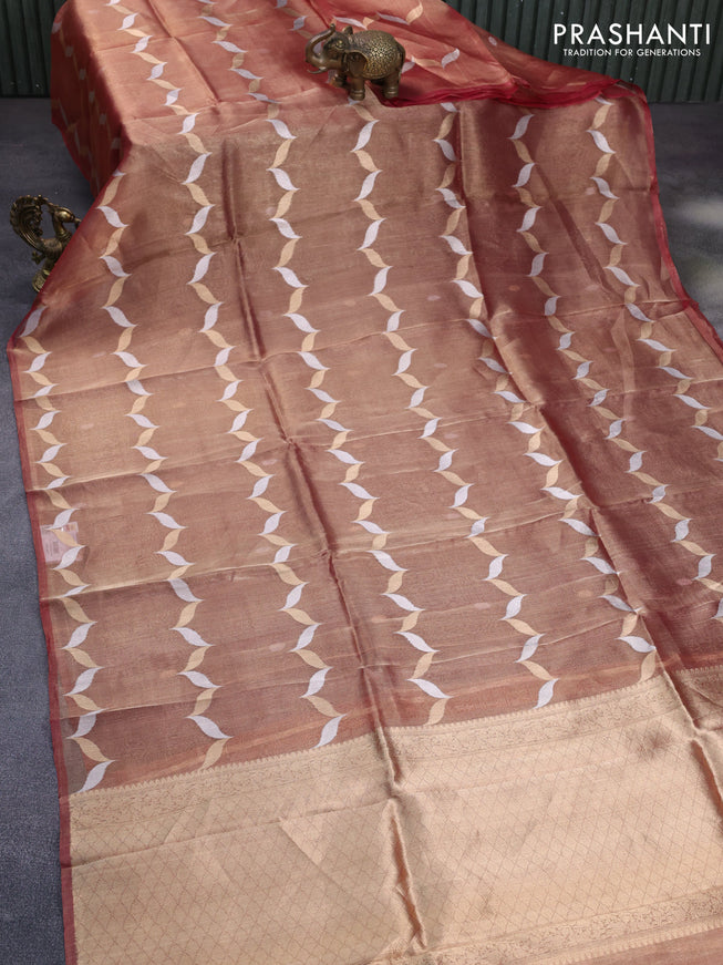 Banarasi tissue silk saree red shade with silver & gold zari weaves in borderless style