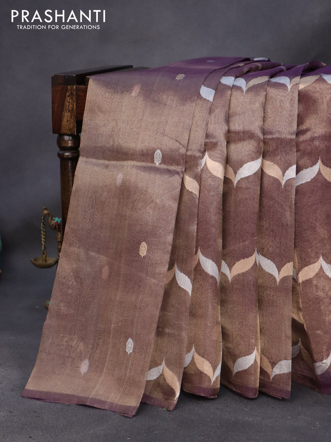 Banarasi tissue silk saree violet shade with silver & gold zari weaves in borderless style