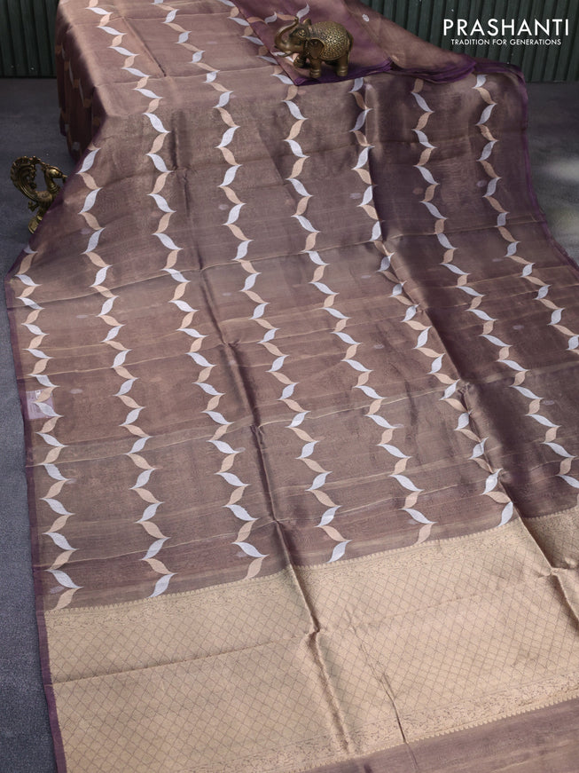 Banarasi tissue silk saree violet shade with silver & gold zari weaves in borderless style