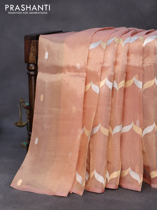 Banarasi tissue silk saree peach shade with silver & gold zari weaves in borderless style