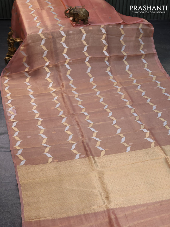 Banarasi tissue silk saree peach shade with silver & gold zari weaves in borderless style