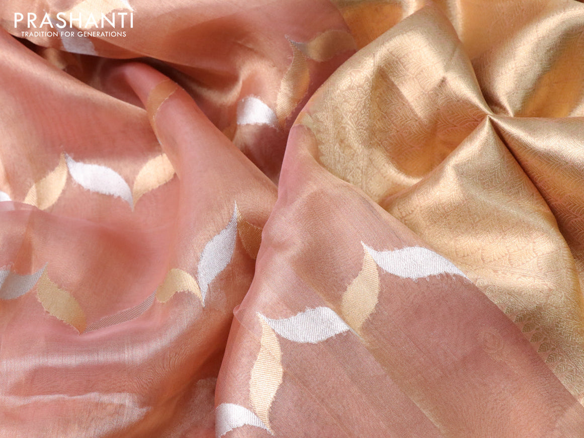 Banarasi tissue silk saree peach shade with silver & gold zari weaves in borderless style