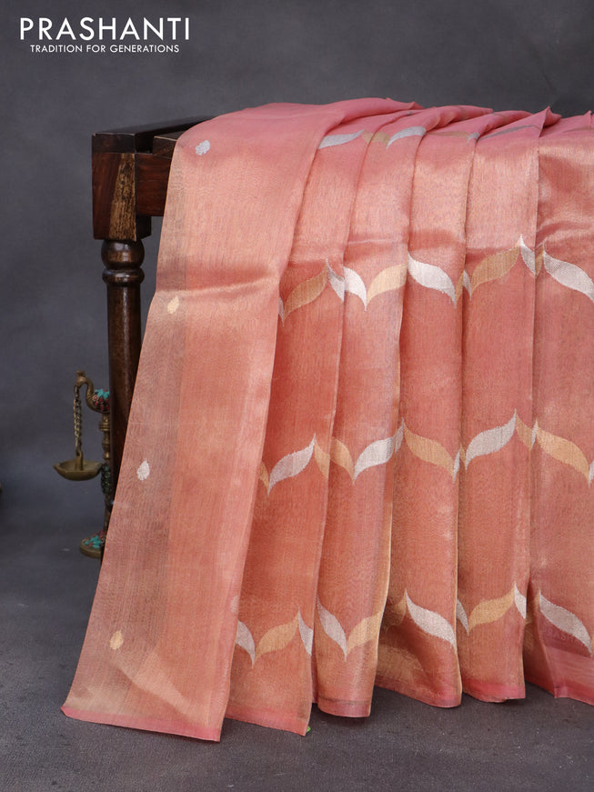 Banarasi tissue silk saree pastel pink with silver & gold zari weaves in borderless style