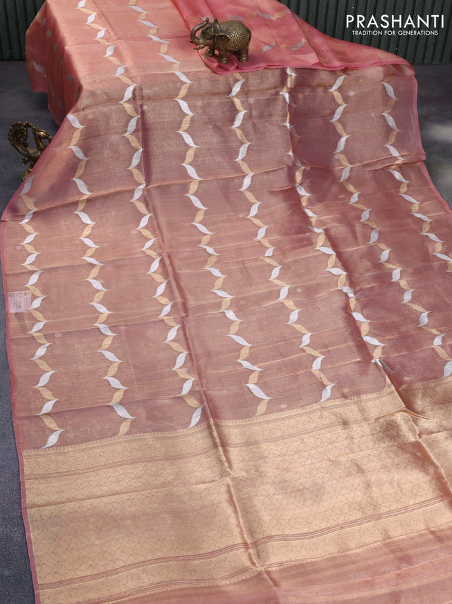 Banarasi tissue silk saree pastel pink with silver & gold zari weaves in borderless style