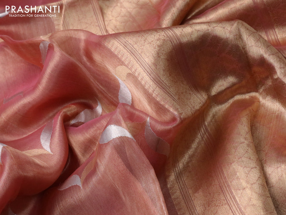 Banarasi tissue silk saree pastel pink with silver & gold zari weaves in borderless style