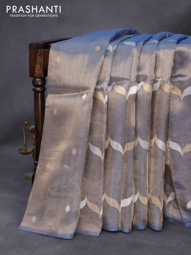 Banarasi tissue silk saree blue shade with silver & gold zari weaves in borderless style