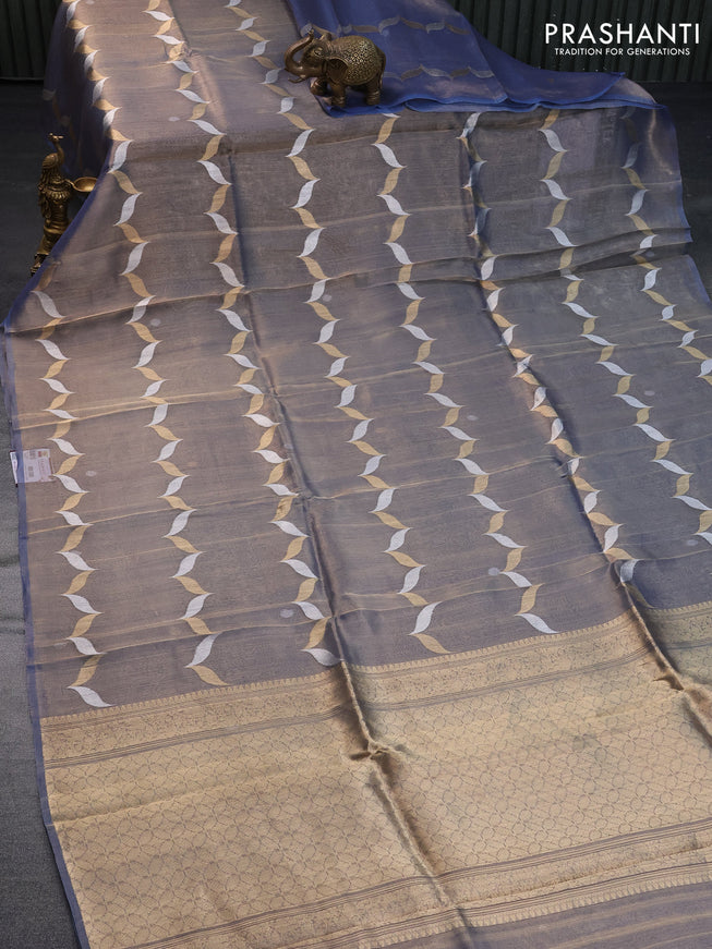 Banarasi tissue silk saree blue shade with silver & gold zari weaves in borderless style