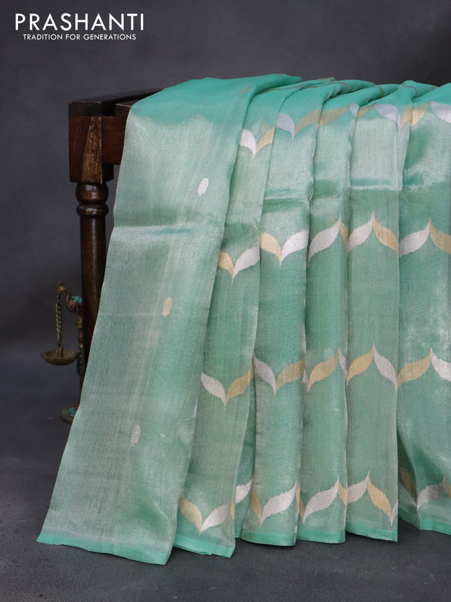 Banarasi tissue silk saree teal green shade with silver & gold zari weaves in borderless style