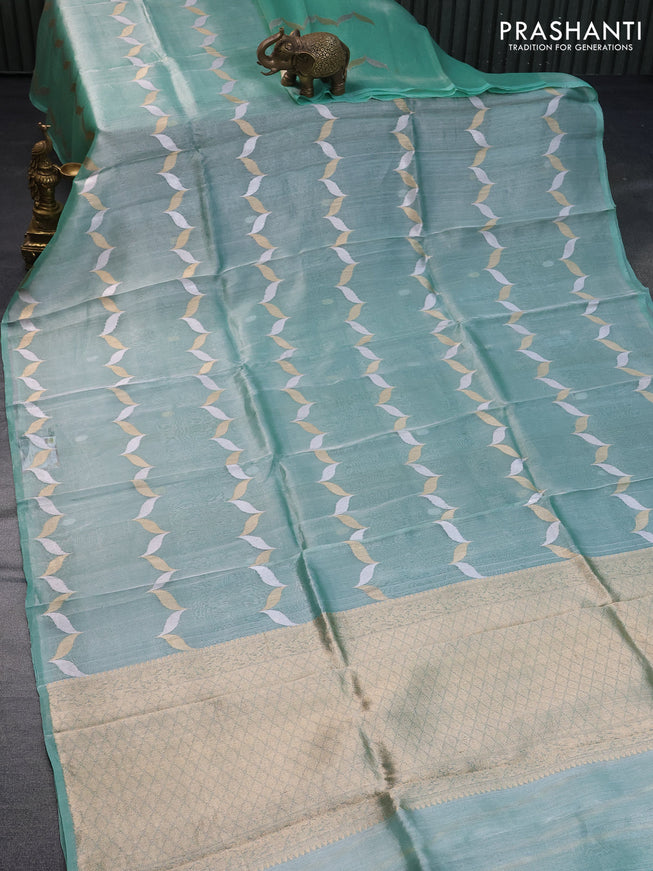 Banarasi tissue silk saree teal green shade with silver & gold zari weaves in borderless style