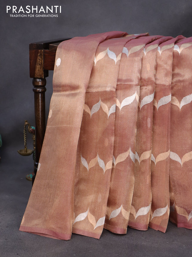 Banarasi tissue silk saree dual shade of pastel pink with silver & gold zari weaves in borderless style