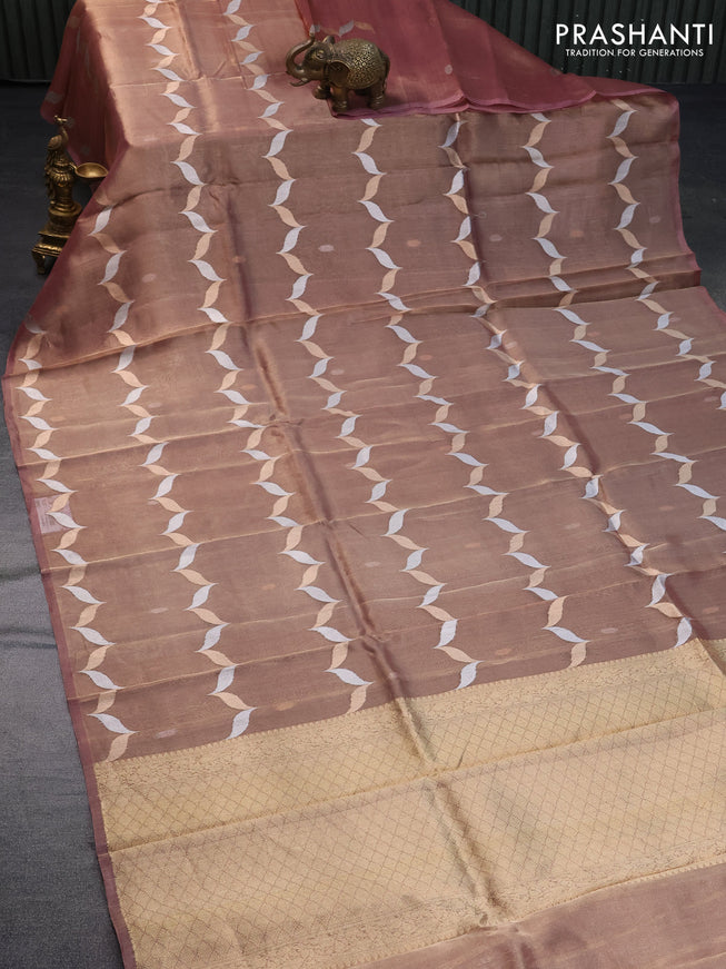 Banarasi tissue silk saree dual shade of pastel pink with silver & gold zari weaves in borderless style