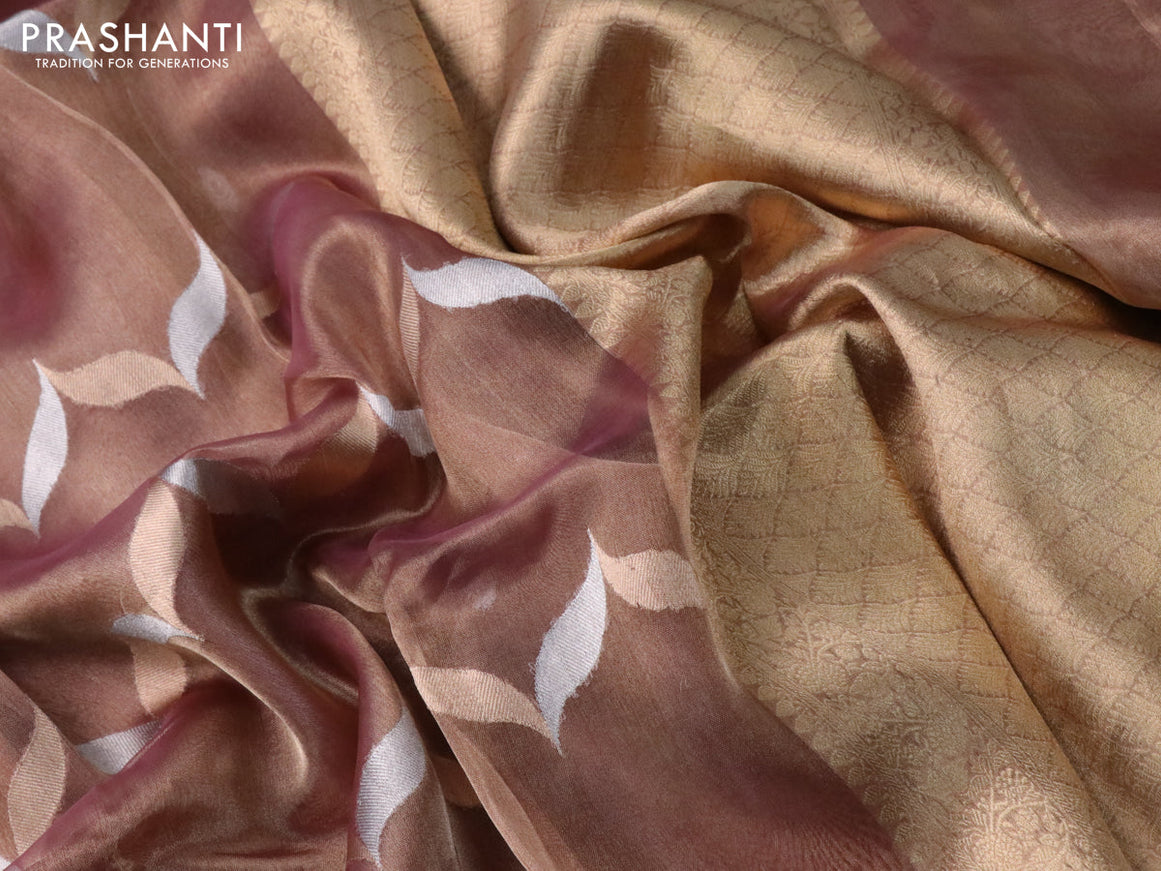 Banarasi tissue silk saree dual shade of pastel pink with silver & gold zari weaves in borderless style