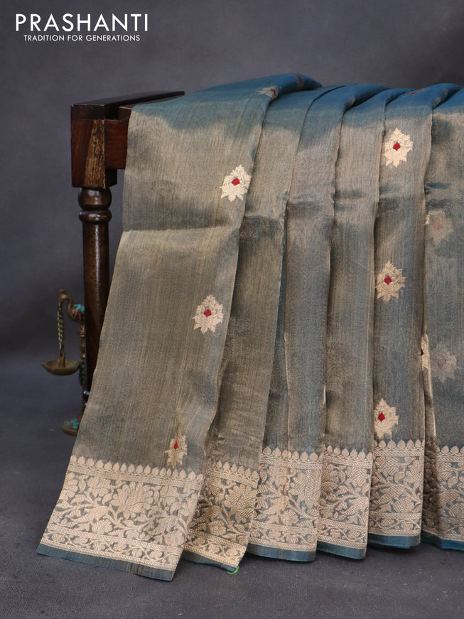 Banarasi tissue silk saree peacock blue with zari woven buttas and zari woven border