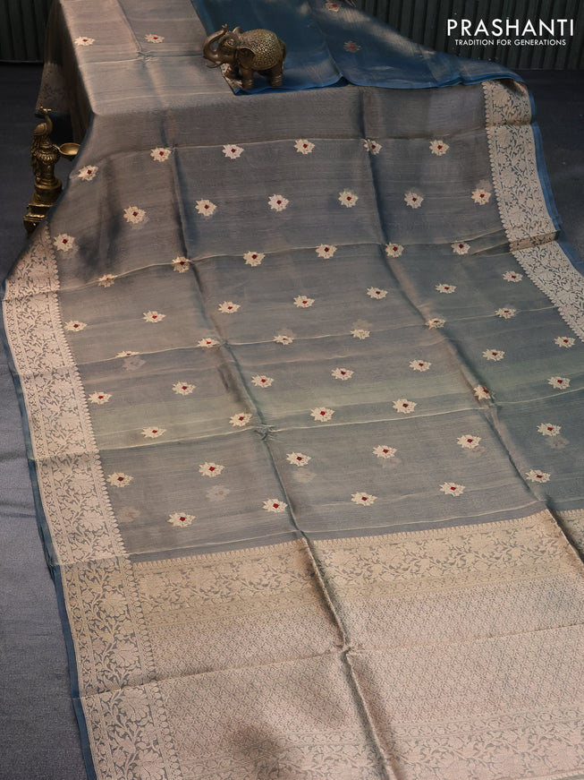 Banarasi tissue silk saree peacock blue with zari woven buttas and zari woven border